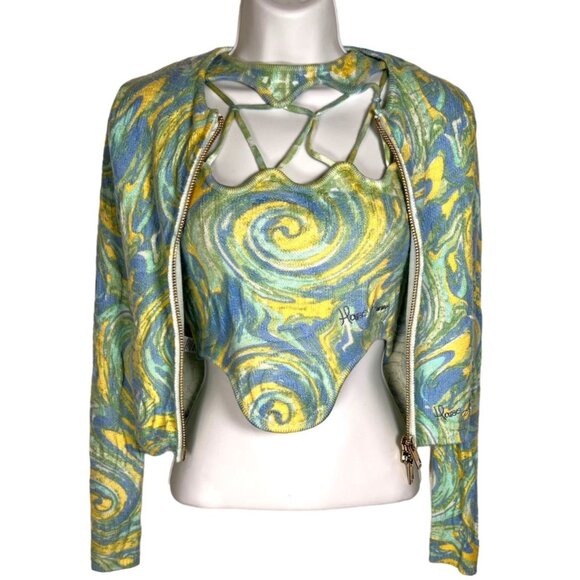 House of Sunny Peggy Cardigan and Cypress Vest Set Y2K Green Cucumber Swirl sz 2 - Picture 1 of 16